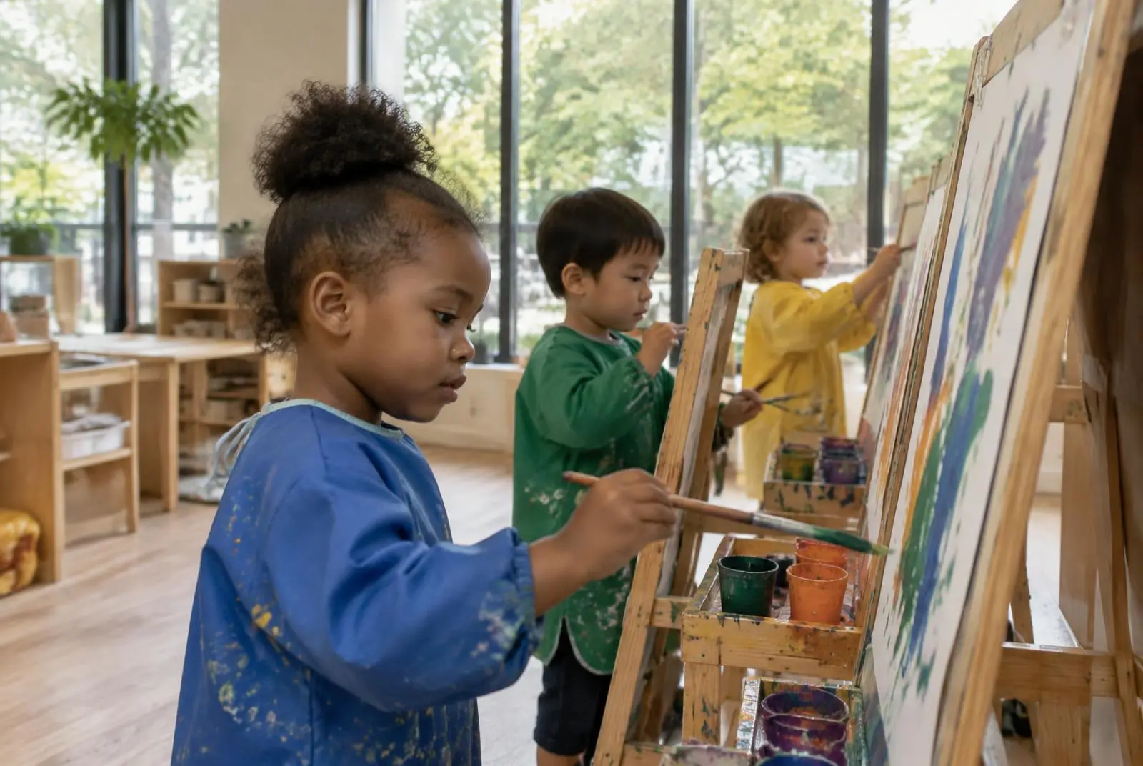Preschoolers in paint smocks painting at easels in a bright classroom with big windows