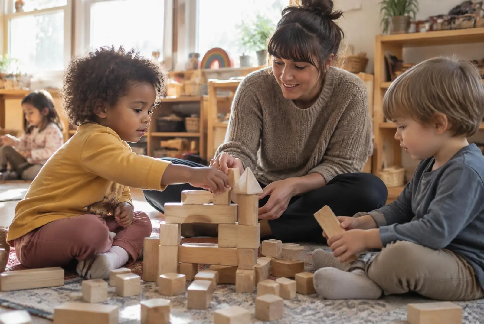 A teacher builds a tower of wooden blocks with two toddlers on a classroom rug