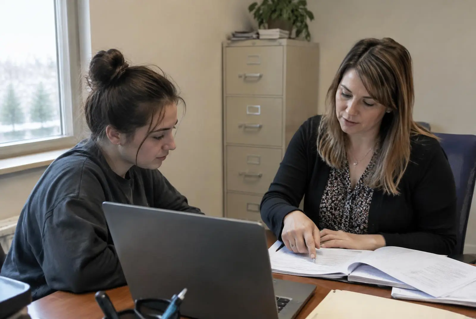 An education advisor reviews paperwork with a student at an office desk