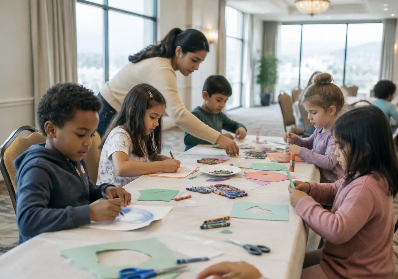 Children doing arts and crafts at a table with a caregiver helping