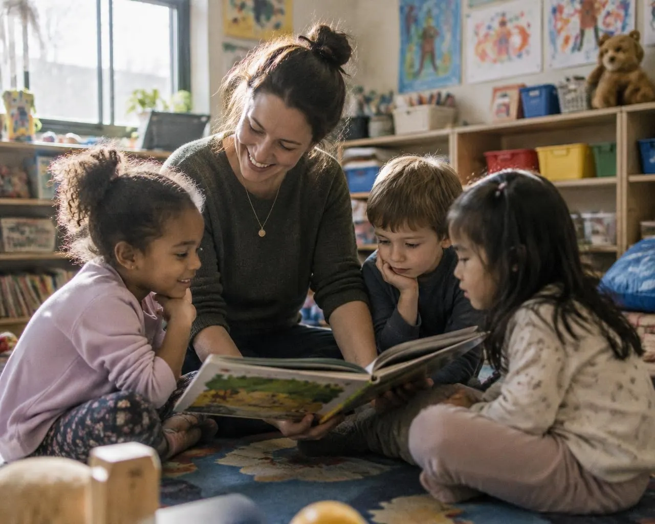A caregiver reads a picture book with three young children on a classroom rug