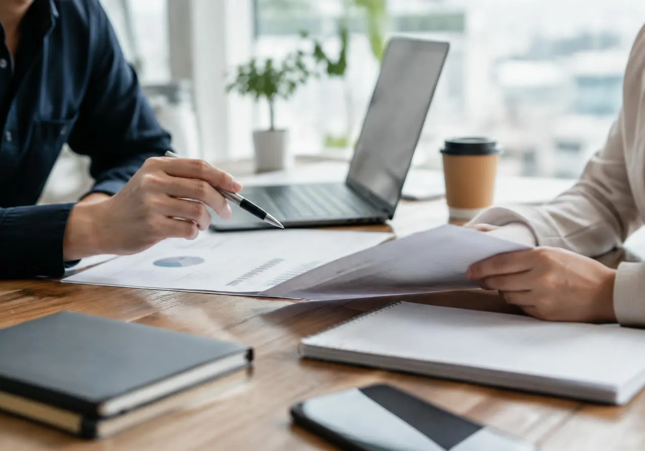 Two professionals reviewing documents at a meeting table