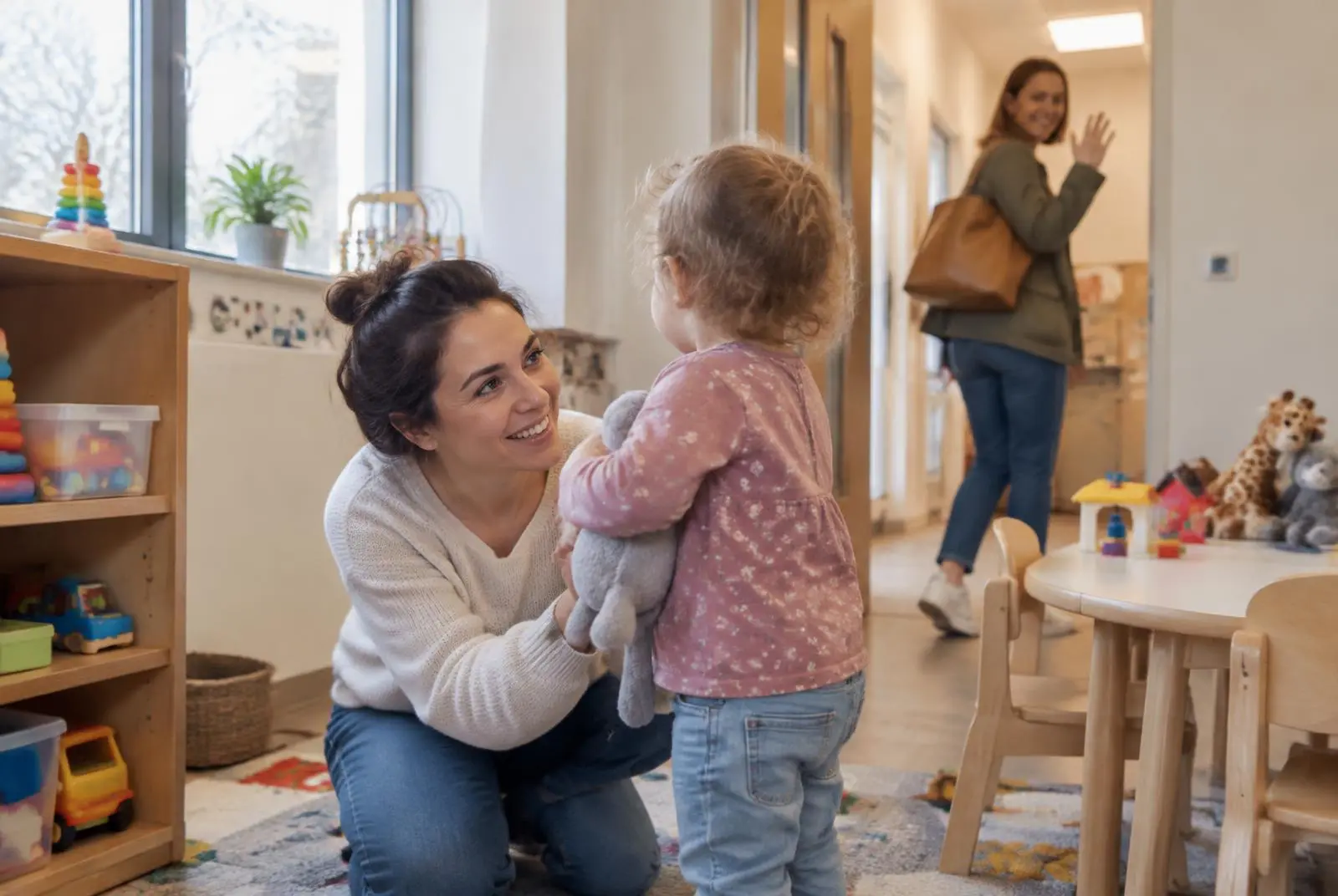 A caregiver kneels to greet a toddler in a bright playroom while a parent waves goodbye from the doorway